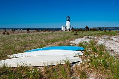 Kayaks on Beach by Sandy Point (Prudence Island) Light